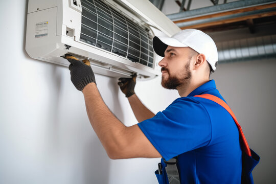 HVAC technician installing a mini split air conditioner in Baldwin Park