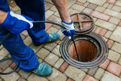 Plumber cleaning an outdoor sewer drain in Baldwin Park