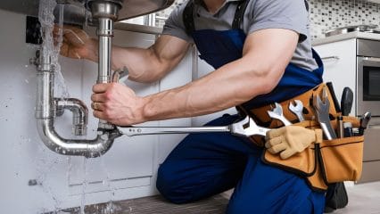 Plumber repairing pipes beneath a sink in Baldwin Park
